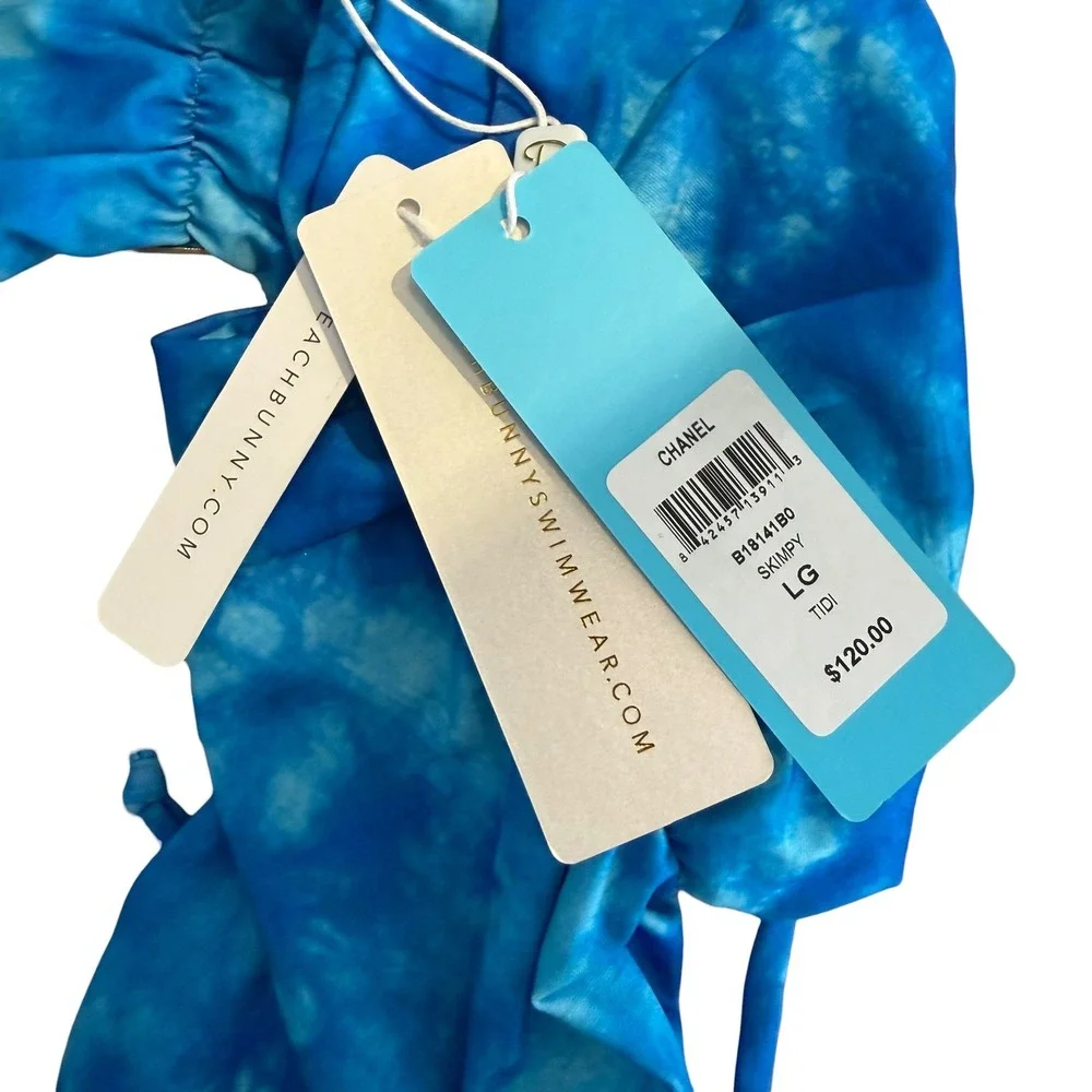 NEW Beach Bunny Bikini Bottoms Size L Blue Double Adjustable Wrap Scrunch Ties